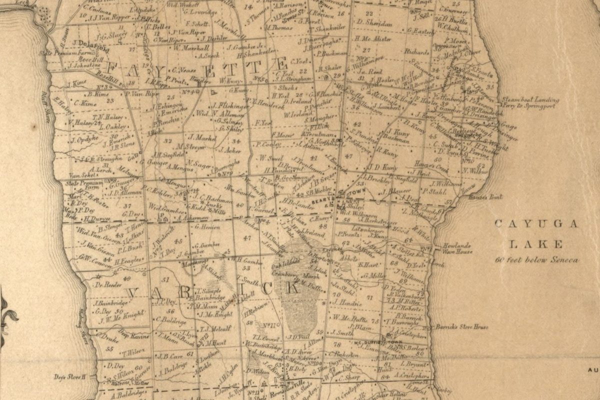 Detail from the 1850 Seneca County map showing the corridor between Seneca and Cayuga Lakes