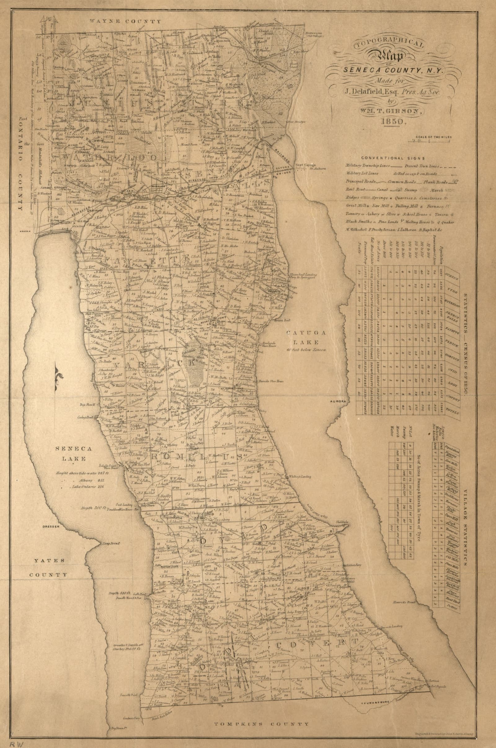Seneca County, New York, 1850 map showing landowners between Seneca and Cayuga Lakes